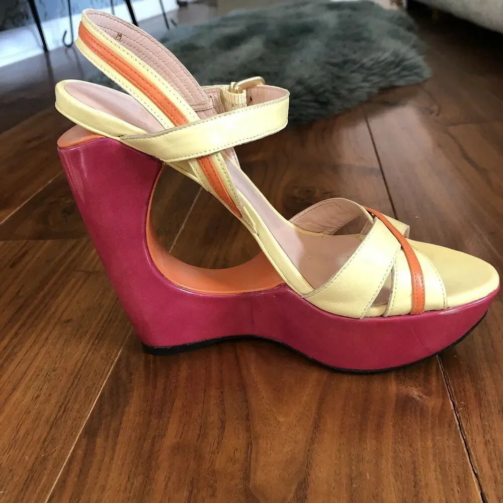 Stuart Weitzman Cut-Out Pink Yellow Color Block Wedge Platform Sandals 7.5M
